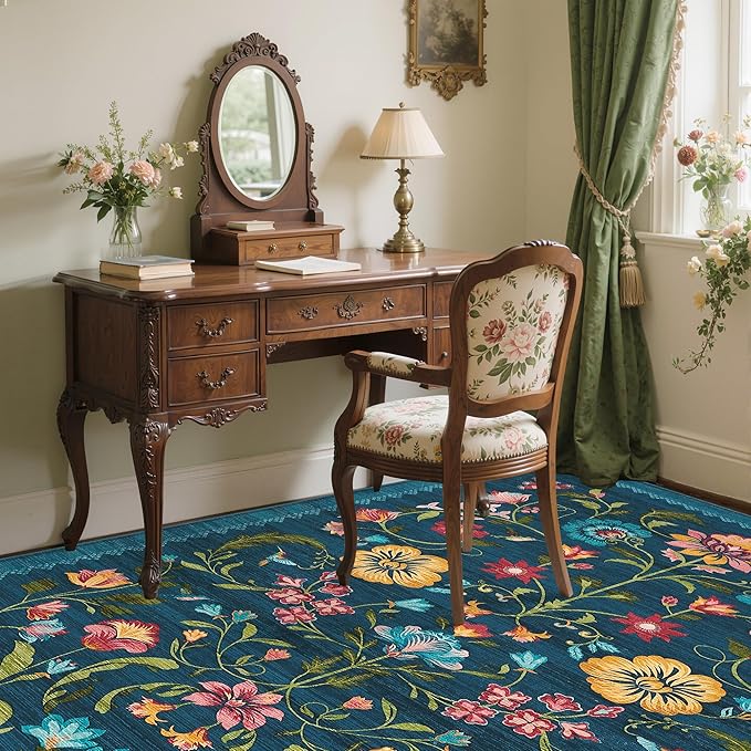 GarveeHome Washable Rug 4x6 Area Rugs for Living Room, Floral Rug for Bedroom, Soft Boho Non Slip Throw Rugs with Rubber Back, Low Pile Stain Resistant Vintage Floral Carpet for Dining Room, Blue