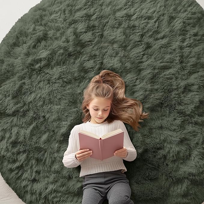 OLANLY Olive Green Round Rugs for Bedroom - Machine Washable, 6 ft Circle Area Rugs for Living Room, Soft and Fluffy Shaggy Carpet for Teen Girl and Boys, Nursery Rooms, Dorms, Home Decor Aesthetic