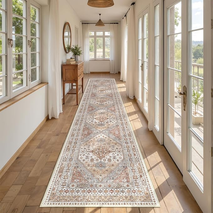 Hallway Runner Rug 2x12, Extra Long Washable Runner Rugs with Rubber Backing, Non Slip Runner, Vintage Rug Runners for Kitchen Laundry Room Entryway (Orange,2'x12')