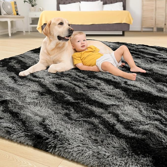 Tepook Area Rugs 9x12 for Living Room, Super Soft Fluffy Rugs for Bedroom, Modern Shaggy Rug Fuzzy Carpets for Kids, Plush Indoor Nursery Home Decor Rug with Non-Slip Bottom, Black Grey