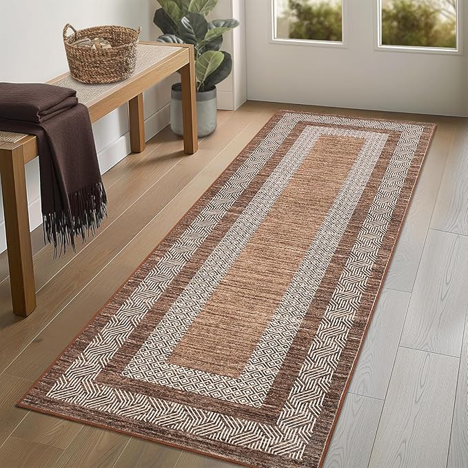 GarveeHome 2.5x8 Modern Bordered Runner Rug Soft Non Slip Washable Floor Carpet Distressed Geometric Hallway Indoor Printed Rug for Kitchen Entrance, Dark Brown