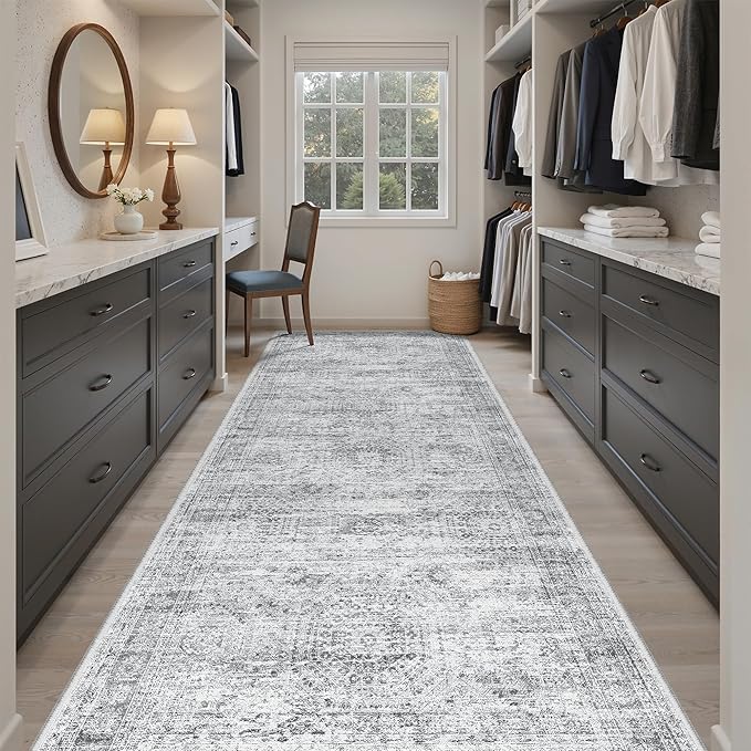 4x10 Wide Hallway Runner Rug: Washable Soft Rug Runners for Living Room Bedroom Ktichen, Stain Resistant Low Pile Area Rugs Non Slip Floor Carpet (Grey, 4x10)