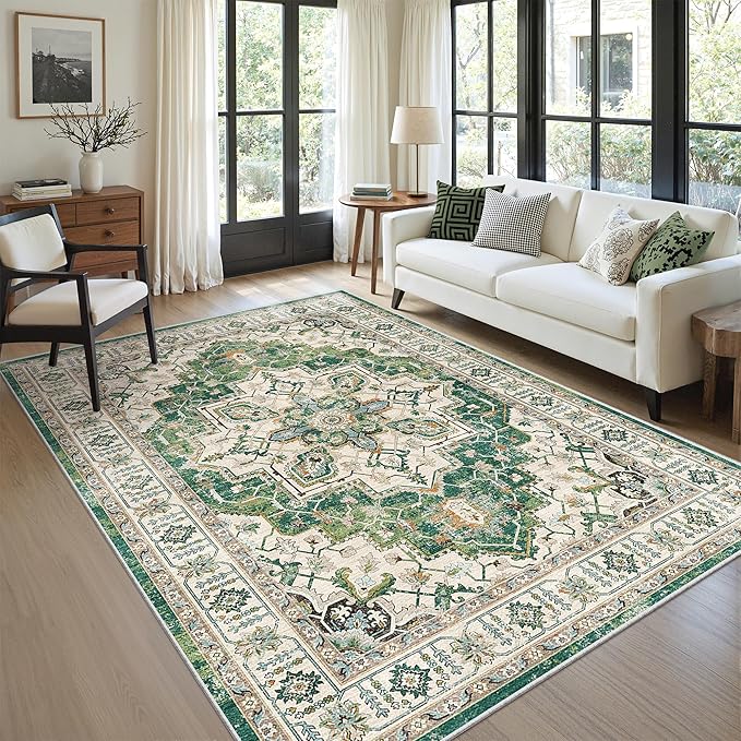 zesthome 6x9 Area Rugs, Machine Washable Rugs for Living Room, Bedroom,Stain Resistant Vintage Large Area Rug,Non-Slip Medallion Pattern Home Decor Rugs (Green,6'x9')