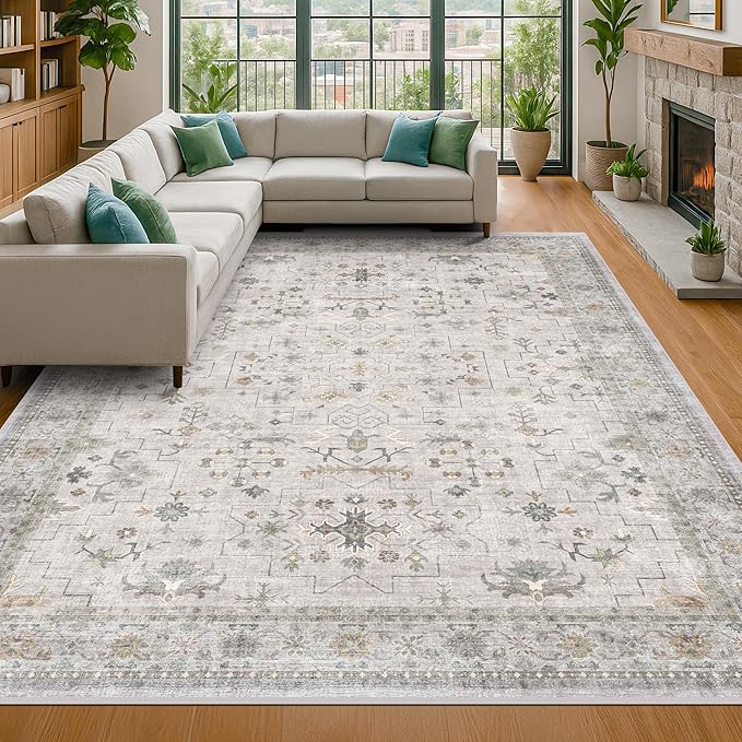 Hazo Haus Boho Light Grey 5x7 Living Room Rug - Modern Vintage Eclectic Floral Pastel Neutral Taupe, Washable Low Pile Non-Slip Large Area Rugs for Nursery Dining Under Table Bedroom Lounge