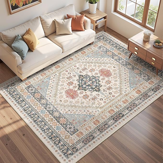 Area Rugs 5x7, Ultra-Thin Washable Rugs for Living Room, Anti-Slip Backing Area Rug for Bedroom, Soft Floral Vintage Home Decor Rug for Dining Room(Blue/Red/Multi,5'x7')