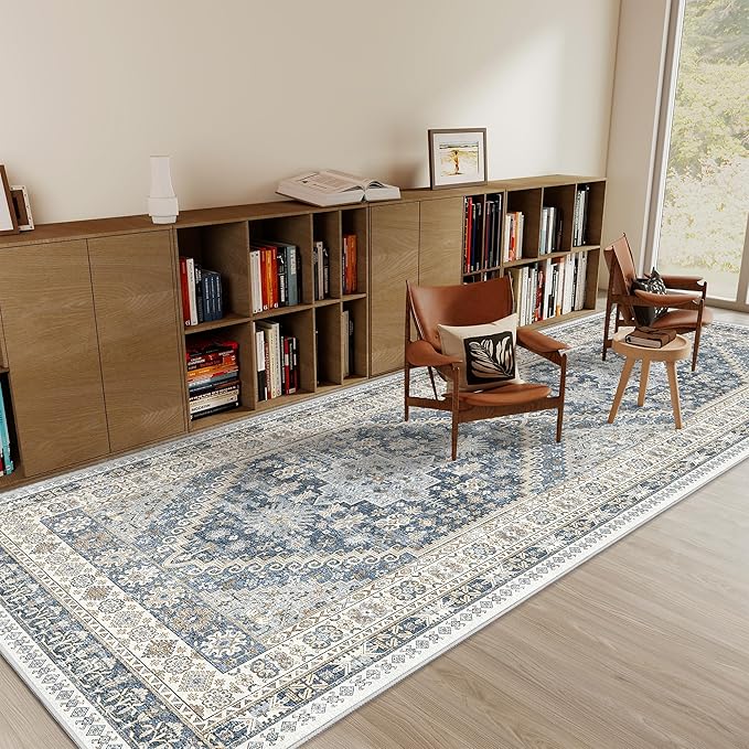 3x8 Runner Rug Non Slip Washable for Entryway, Front Porch, Vintage Hallway Runner for Laundry Room, Bedroom, Stain Resistant Thin Indoor Kitchen Mats for Floor(Blue/Beige,3'x8')