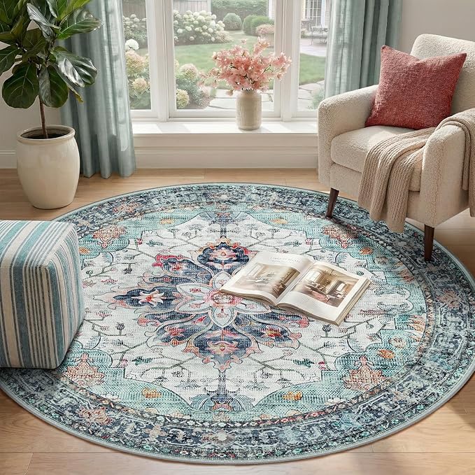 RELEANY Area Rugs 4ft Washable Non-Slip, Floral Vintage Distress Print Pattern Medallion Carpet for Living Room Bedroom Dining Room, Green Navy Blue White Red Teal Colorful