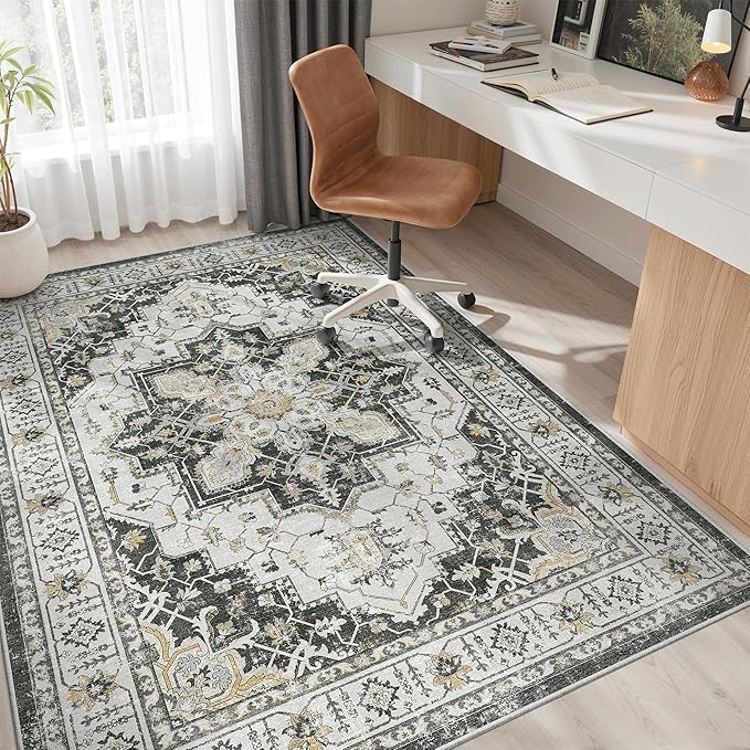 Madane 5x7 Area Rugs for Living Room, Stain Resistant Washable Rug, Non-Slip Backing Area Rug, Vintage Home Decor Rug for Bedroom (Black, 5'x7')