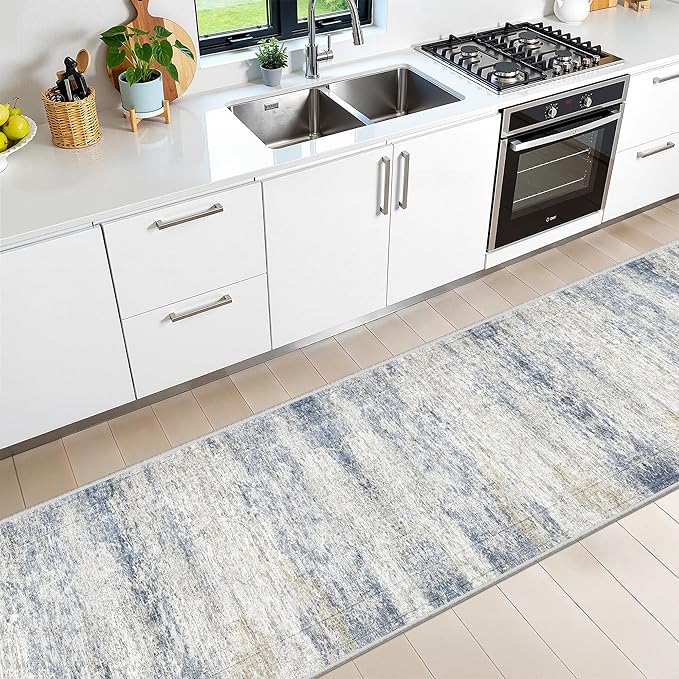 Long Hallway Runner Rug- Carpet Runners for Hallway 12ft, Anti Slip Backing Washable Rug Runner for Entrance, Living Room, Soft Low Pile Modern Rug Runner(2'x12', Blue/Brown/Ivory)