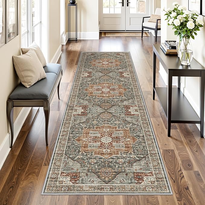 Kitchen Runner Rug Non Slip Washable 2.5x8, Soft Low Pile Entryway Rug Runners for Hallways,Carpet Runner for Living Room,Kitchen, Laundry, Bathroom(Grey/Brown/Tan,2.5'x8')