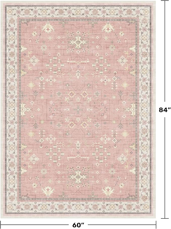 Blush Pink Girls Rugs for Bedroom - Nursery Floral Area Rug 5x7, Machine Washable Non Slip Kids Playroom Play Mat, Vintage Thin Low Pile Carpet for Living Room, Dorm