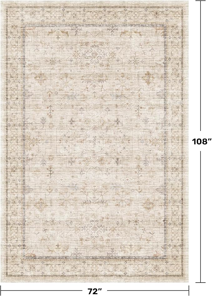 Washable Ivory 6x9 Living Room Rug, Non Slip Dinning Rugs for Under Table, Low Pile Neutral Farmhouse Retro Foldable Carpet for Bedroom, Office