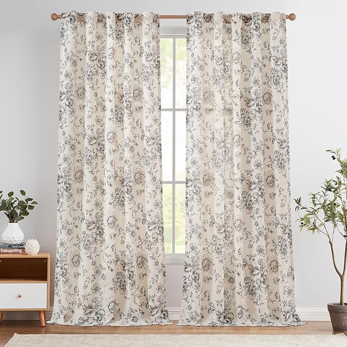 jinchan Linen Blend Curtain Floral Curtains for Living Room 96 Inch Length Black Printed Curtain Rod Pocket Back Tab Farmhouse Peony Flower Patterned Drapes Bedroom Window Curtains Set 2 Panels