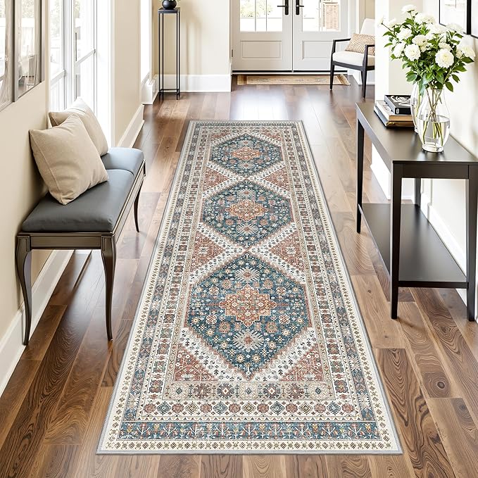 Kitchen Runner Rug Non Slip Washable 2.5x8, Soft Low Pile Entryway Rug Runners for Hallways,Carpet Runner for Living Room,Kitchen, Laundry, Bathroom(Blue/Red,2.5'x8')