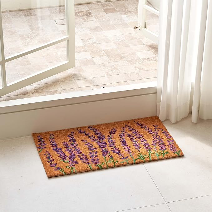 KANKUN Coco Coir Door Mat with Heavy Duty Backing, Welcome Doormat (17" x 30"), Doormat Entrance (Lavender Floral)