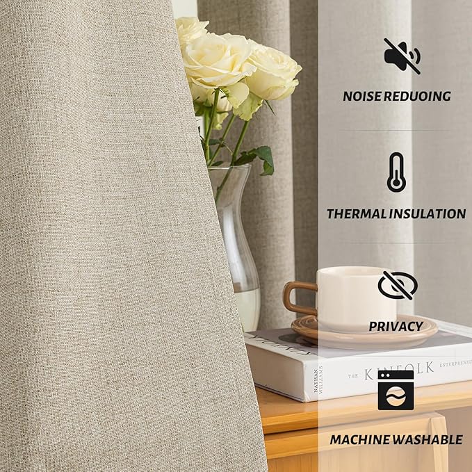 Yakamok Natural Linen Curtains 100% Blackout 72 Inches Long,Room Darkening Textured Curtains for Living Room Thermal Grommet Bedroom Curtains 2 Panels with Greyish White Liner