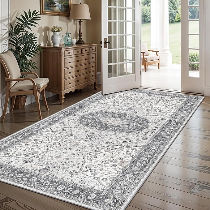 Hallway 4x8 Washable Runner Rug: Oriental Stain Resistant Entryway Kitchen Rug Farmhouse Soft Carpet for Bathroom Bedroom Thin Laundry Room Floor Mat with Non Slip Backing for Pets Family(4x8,Grey)