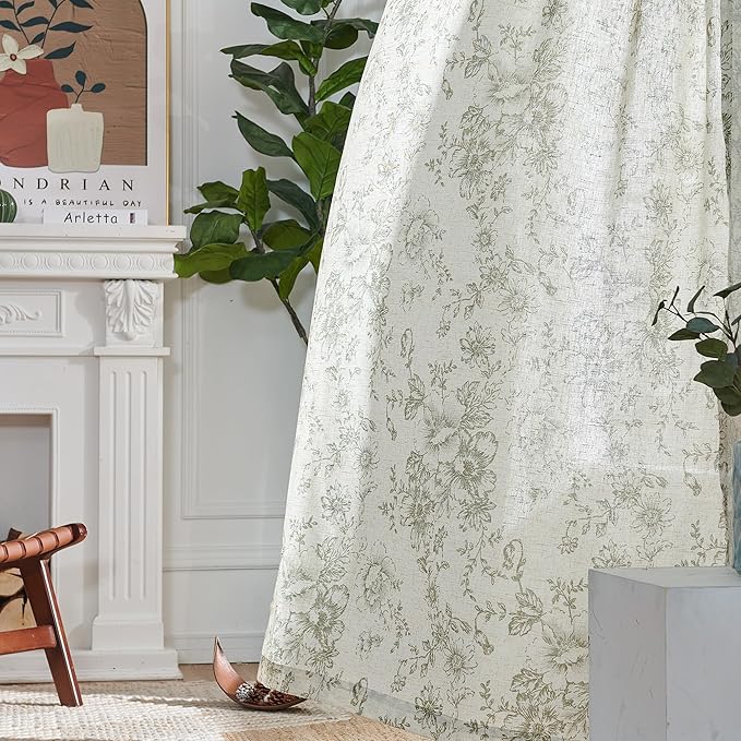 jinchan Pinch Pleated Curtains Floral Linen Blend Curtains for Living Room 84 Inches Length Green Peony Flower Printed Curtain Rod Pocket Back Tab Farmhouse Drapes with Hooks Set 2 Panels