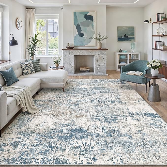 PureCozy Blue 8x10 Area Rug Washable Modern Abstract Living Room Carpet Non Slip Neutral Low Pile Soft Contemporary Aesthetic Bedroom Large Rug Indoor Office Dining Room Playroom