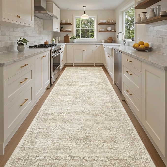 Soalmost 4x12 Wide Hallway Runners: Washable 12ft Runner Rug for Entryway Living Room Soft Vintage Non Slip Carpet Runner for Kitchen Dining Room Nursery Bedroom (Beige, 4x12ft)