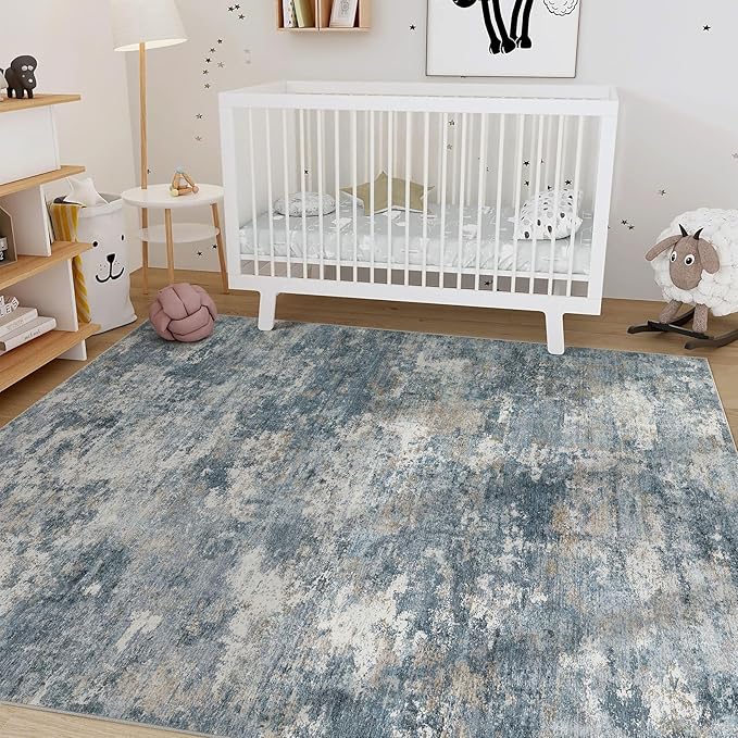 Nakagishi 10x12 Area Rugs Living Room: Washable Abstract Large Neutral Soft Rug Stain Resistant Modern Indoor Floor Non-Slip Carpet for Bedroom Nursery Kids Playroom Office Dining Room Dorm-Blue Brown
