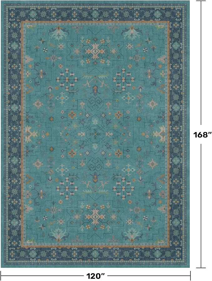 Washable 10x14 Teal Boho Living Room Rug - Geometric Floral Design Area Rug for Dining Room, Non Slip Soft Carpet for Large Bedroom, Low Pile & Stain Resistant Mats