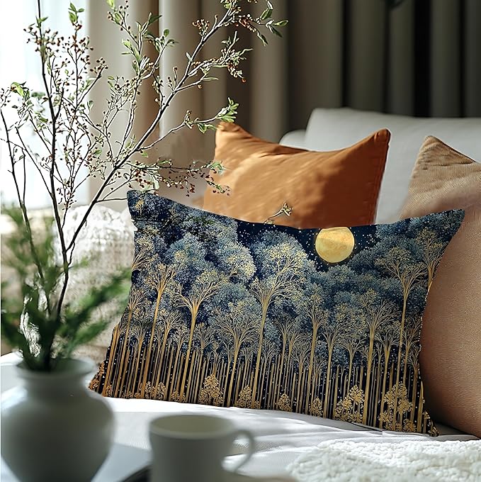 Rustic William Morris Night Forest Moon Decor Pillow Covers 12x20,Vintage Dark Gold Botanical Nature Landscape Decorative Throw Pillow Covers for Home Bedroom Living Room