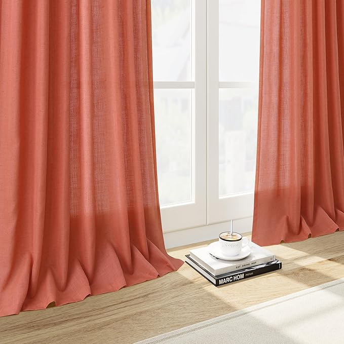 Nanspring Coral Linen Curtains 120 Inches Long 2 Panels Set Back Tab Loop Pocket Light Filtering Semi Sheer Boho Large Window Decor Extra Long Drapes for High Ceiling Living Room 52x120