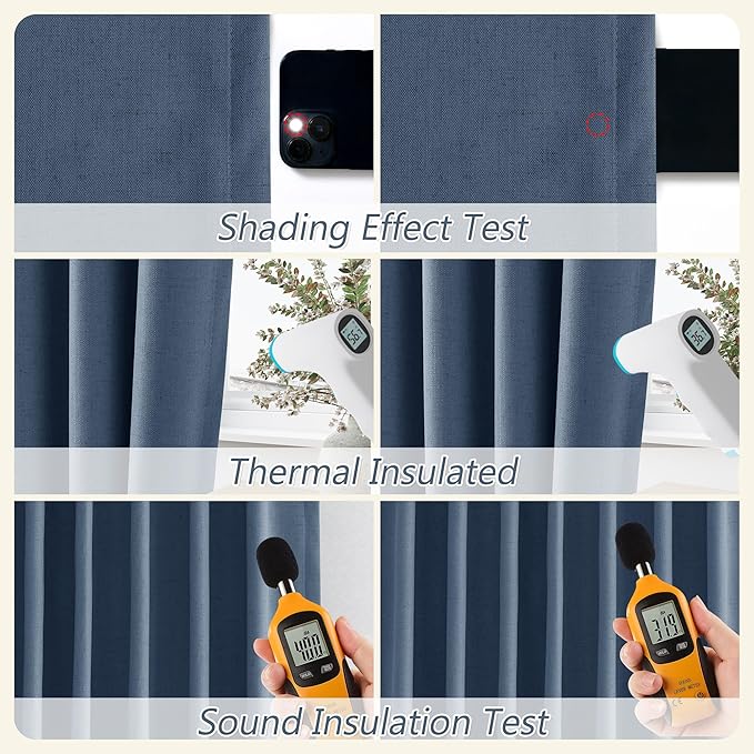 Guken 100% Blackout Curtains 96 Inch Length 2 Panels Set for Living Room Bedroom Back Tab Thermal Insulated Black Out Linen Drapes Room Darkening Window Curtains 96 Inches Long,Denim Blue