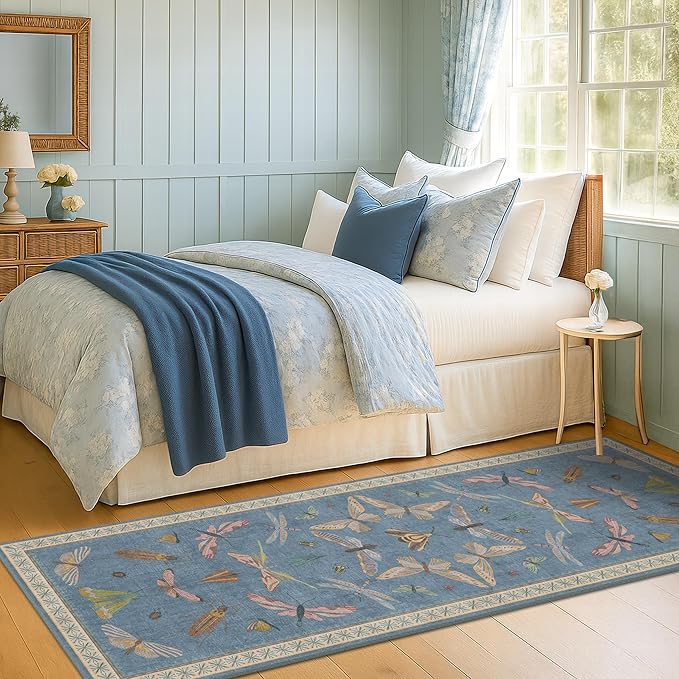 Hazo Haus Boho Non Slip Kitchen Rug Runner - 2x5 Blue Washable Thin Rug for Bathroom, Laundry Room, Hallway, Non Slip with Rubber Backing, Insect Print Unique Runner