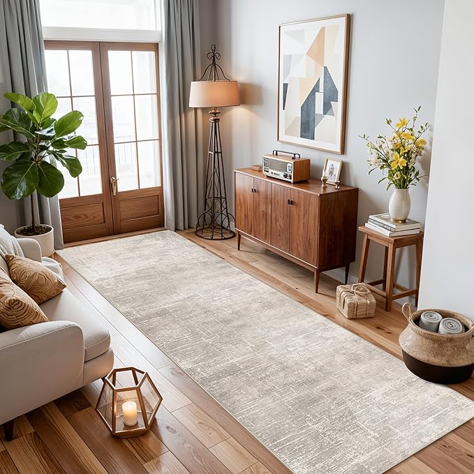 Abstract 2x10 Kitchen Rug Runners - Washable 10ft Hardwood Sink Rugs Non-Slip Hallway Entryway Area Rug Soft Floor Mat Indoor Farmhouse Carpet for Bathroom Living Room Bedroom (2 X 10,Beige/Cream)