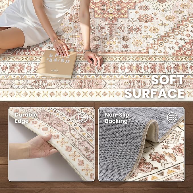 zesthome 8x10 Area Rugs for Living Room,Non-Slip Backing Washable Rugs,Vintage Large Area Rug，Stain Resistant Home Decor Rug