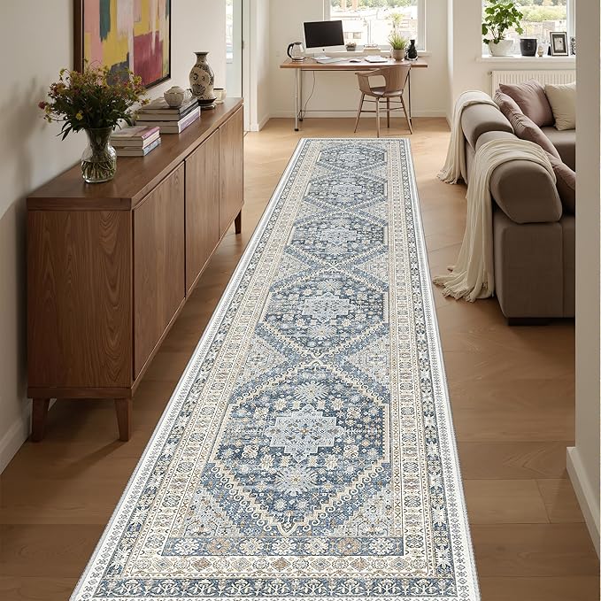 Washable Runner Rug 2.5x16, Non-Slip Long Kitchen Mats for Floor, Vintage Rug for Entryway, Soft Hallway Runner for Dining Room, Bedroom, Living Room(Blue/Beige,2.5'x16')