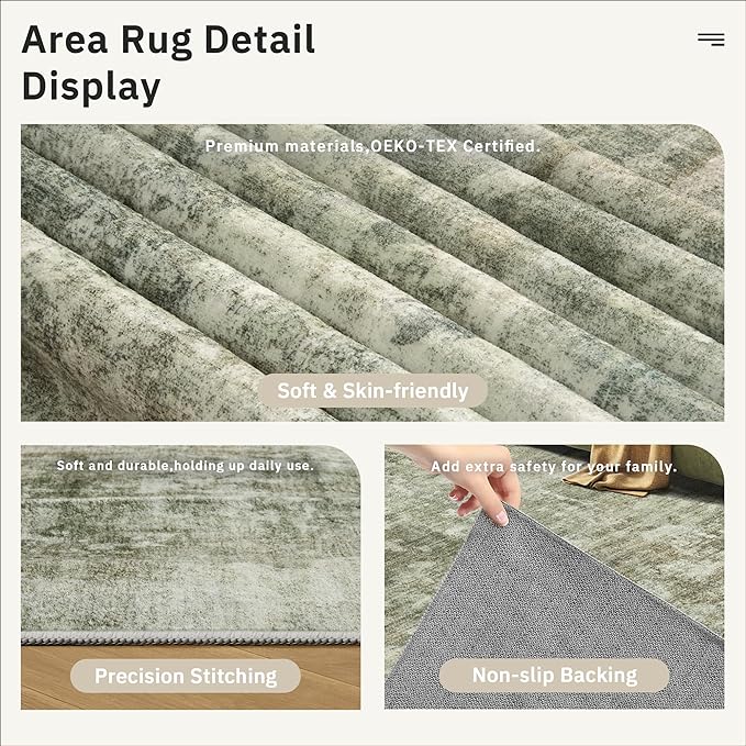 Area Rug 6x9 Abstract Living Room Washable Rugs Green Black Non Slip Low Pile Carpet for Bedroom Dining Room Foldable Thin