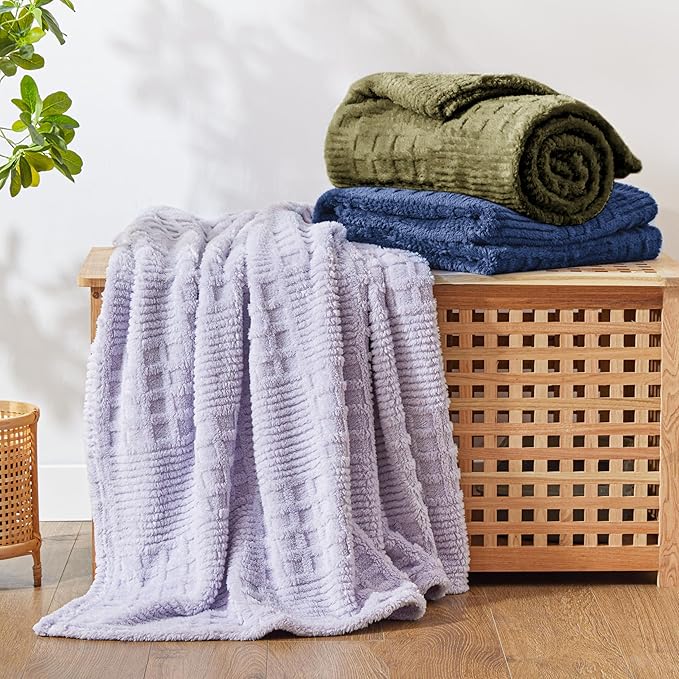 EXQ Home Fleece Throw Blanket for Couch or Bed - 3D Waffle Patchwork Pattern Jacquard Decorative Blankets - Cozy Soft Lightweight Fuzzy Flannel Blanket Suitable for All Seasons(50"×60",Dark Blue)