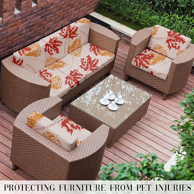 8Pcs Outdoor Cushion Covers, Patio Cushion Covers,Stretch Elastic Slipcovers, Replacement Washable & Reusable Furniture Protector for Patio Couch (Red Maple-Pattern,Cover Only)