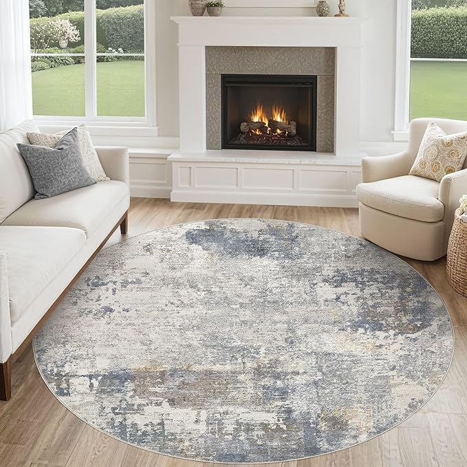 UERMEI 6ft Round Area Rug Living Room Rugs - 6x6 Washable Neutral Modern Abstract Soft Thin Rug Indoor Floor No Slip Rug Carpet for Bedroom Under Dining Table Home Office Decor - Blue Grey