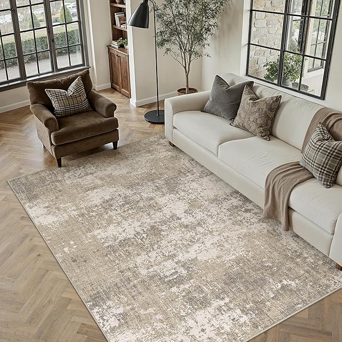 Beige Area Rug 8x10 Machine Washable Modern Abstract Living Room Carpet Non Slip Neutral Low Pile Soft Non Shedding Bedroom Contemporary Large Rug Indoor Office Dining Room Playroom