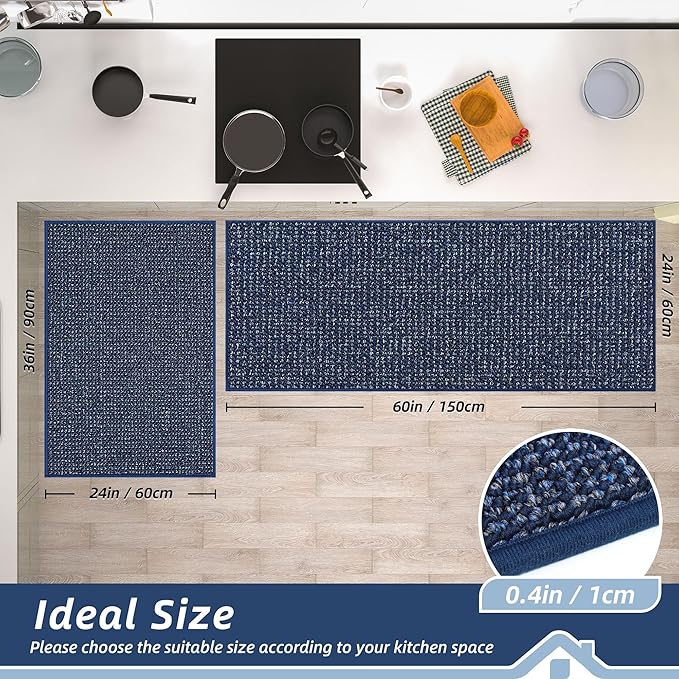 BEQHAUSE Kitchen Rugs and Mats 2PCS, Non-Slip Kitchen Mats for Floor, Absorbent and Stain Resistant Kitchen Runner, Machine Washable Rugs for Kitchen, Laundry & Sink, 24"x36"+24"x60", Blue