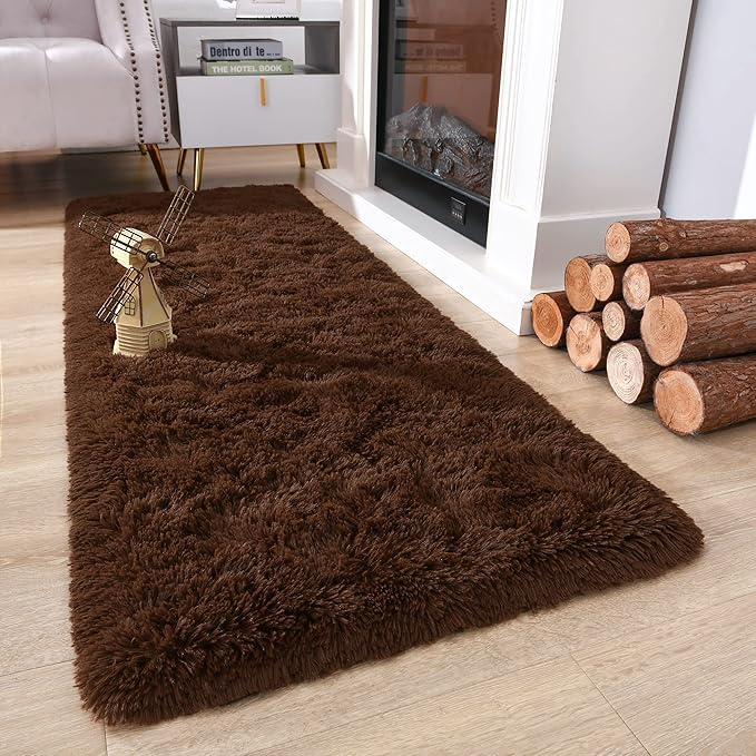 Chicrug Soft Runner Rug for Bedroom Living Room Plush Fluffy Rug 2x8 Feet, Shag Furry Runner Carpet Non Shedding for Nursery Children Kids Girls Room Home Decorative, Coffee