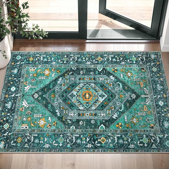 SERISSA Boho Rugs for Entryway, 2x3 Teal Entryway Rug Non-Slip Washable Small Area Rug, Ultra Soft Oriental Vintage Low-Pile Indoor Door Mat Floor Carpet for Entrance Bedroom Kitchen Bathroom