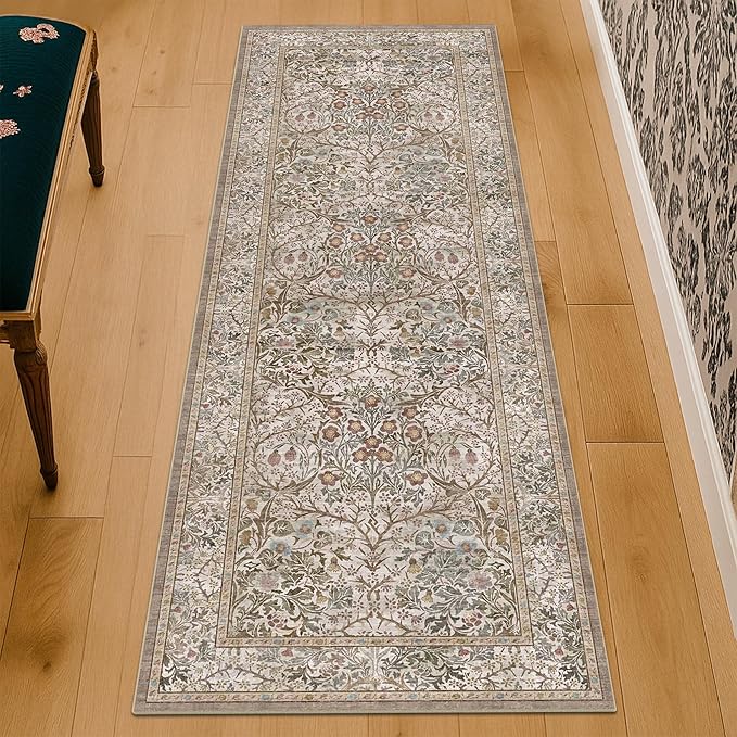 2x8 Moss Green Washable Bathroom Runner Rug - Non Slip Floral Rugs for Entryway Indoor, Kitchen - Vintage Floral Design Orenital Home Décor, Stain Resistant Carpet
