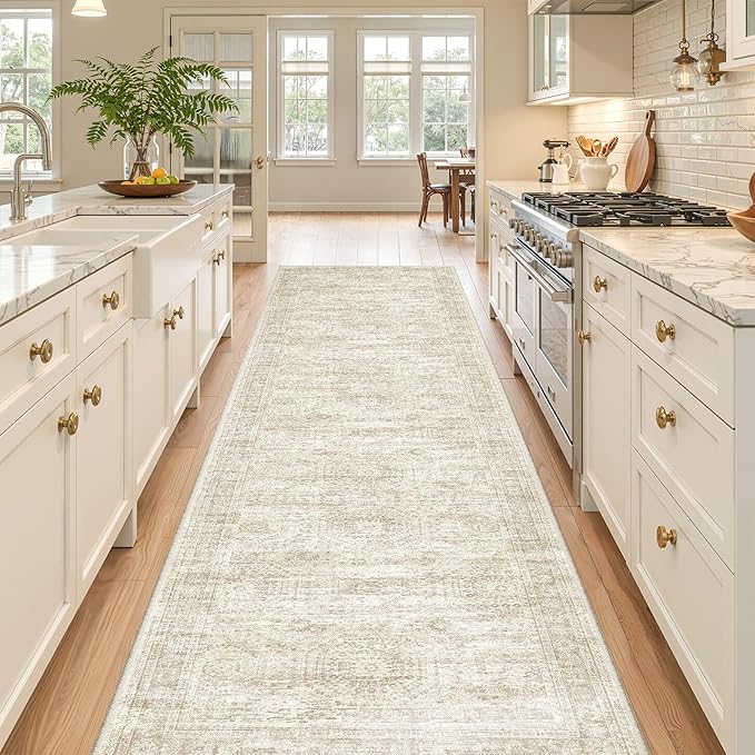 Kitchen Runner Rugs Non Skid Washable - 2.5 x 10 Runner Rug with Anti Slip Backing, Ultra-Thin Soft Rug Runner for Hallway, Bedroom, Living Room (2.5'x10', Beige/Ivory)