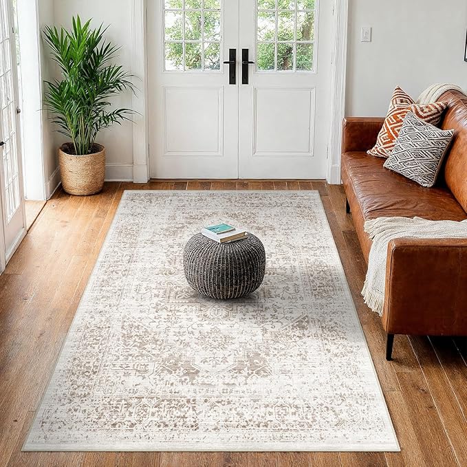Washable 3x4 Area Rug for Entryway - Kitchen Non Slip Low-Pile Rugs Vintage Soft Thin Carpet Small Stain Resistant Mat for Bedroom Entrance Bathroom Floor Decor (Cream/Camel)