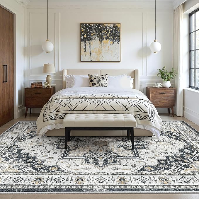 zesthome Washable Rug 6x9 Area Rugs,Stain Resistant Rugs for Living Room,Bedroom,Non-Slip Backing Home Decor Rug, Vintage Medallion Pattern Rugs (Black,6'x9')