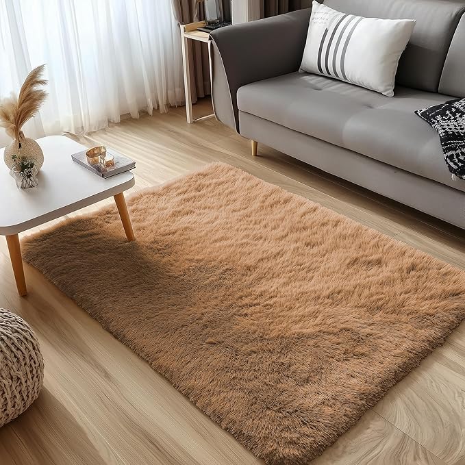 OLANLY 3x5 Machine Washable Small Bedside Rug, Soft Fluffy Shaggy Rugs for Living Room, Bedroom, Indoor Floor Carpet for Kids Girls and Boys, Preppy Dorms, Nursery, Home Decor Aesthetic, Khaki