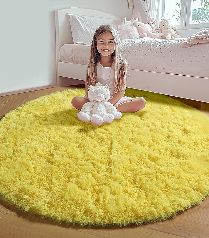 ONASAR Yellow Round Rugs 5ft for Bedroom Living Room, Fluffy Circle Area Rug for Kids Girls Boys Teen, Soft Plush Shaggy Carpet for Nursery Dorm Classroom Playroom Home Decor Aesthetic