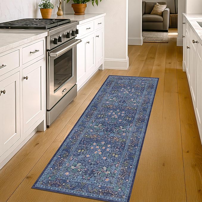 Non Slip 2x7 Dark Blue Runner Washable - Stain Resistant Long Runner Rugs for Kitchen, Entryway, Hallway, Bathroom, Bedroom Bedside - Dusky Navy Vintage Floral Décor