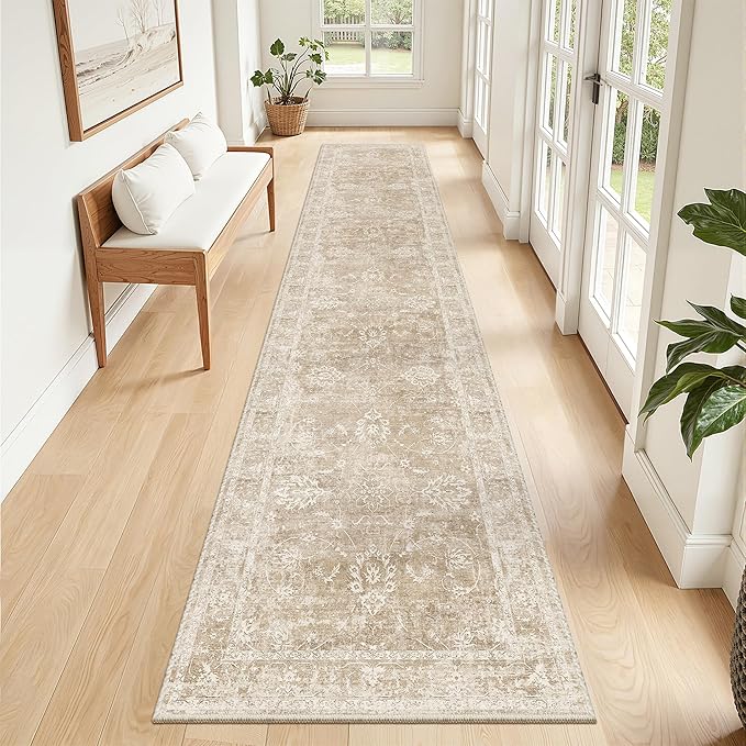 Madane Runner Rug 2x10 for Hallway, Kitchen Non-Slip Runner Rug with Rubber Backing, Vintage Soft Low Pile Throw Neutral Carpet Runner for Laundry Room Entryway Bathroom Bedroom (2 x 10, Beige/Brown)