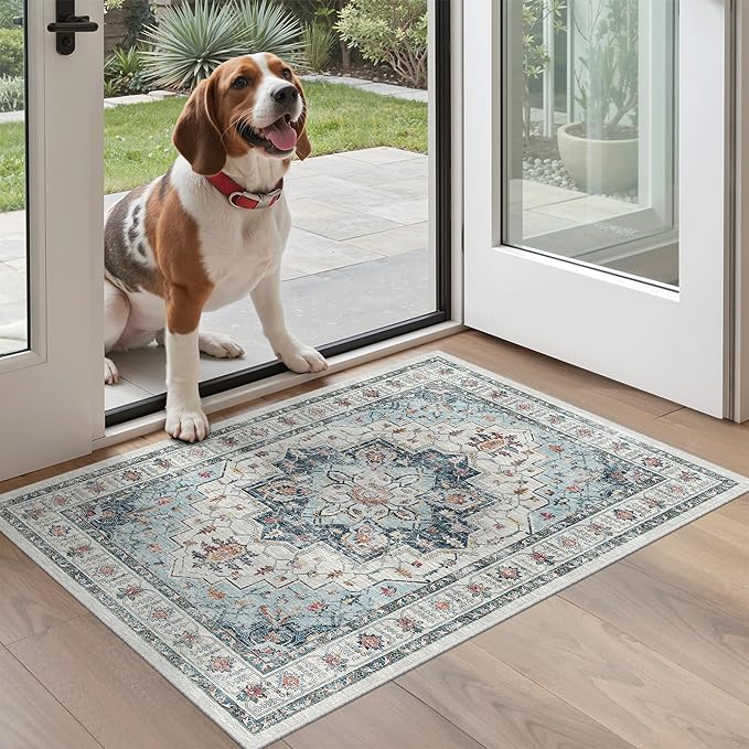 Madane Washable Area Rug 2x3, Small Entryway Rug Non-Slip Vintage Door Mat Indoor Entrance, Low Pile Floor Carpet for Inside Front Door Bedroom Kitchen Entry Laundry (2'x3', Blue)